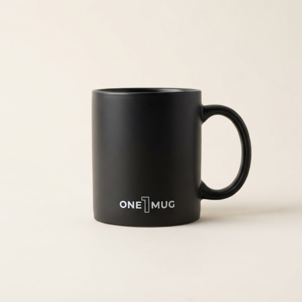 ONE1MUG — a 12 oz matte black ceramic coffee mug with white ONE1MUG branding